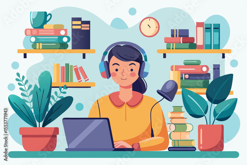 Student engaged in an online webinar at home surrounded by books and plants while wearing headphones and seated at a desk