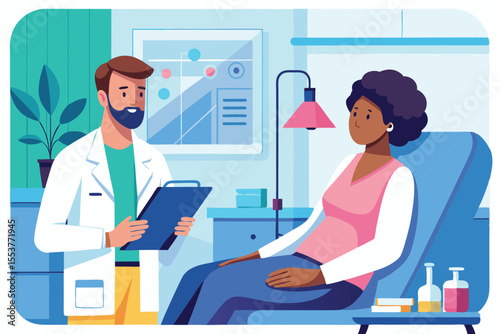 Doctor discusses chemotherapy treatment options with a patient in a clinical setting smoothly and supportively