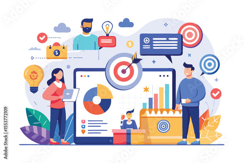 Business plan concept illustrating finance strategies for startup growth with data visualization, team collaboration, and target achievement