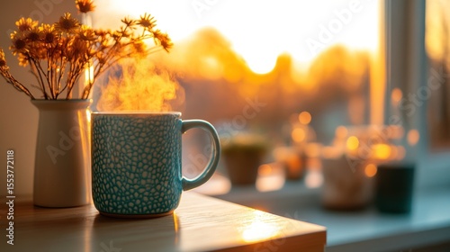 Warm cup of coffee at sunset
