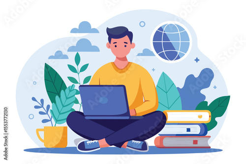 Man engaged in online education while sitting on floor surrounded by books and a cup, illustrating modern learning environment at home