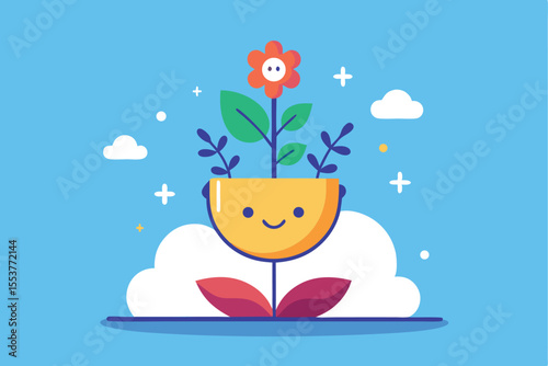 Embracing positive thoughts through a cheerful flower illustration representing mental wellness and growth in a bright blue sky