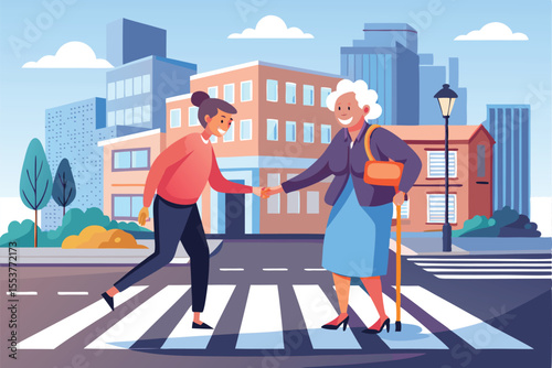 Young man assists elderly woman crossing the street in a busy urban setting with modern buildings and clear sky