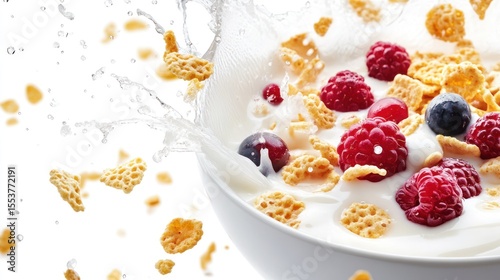 Cereal and milk with berries in motion