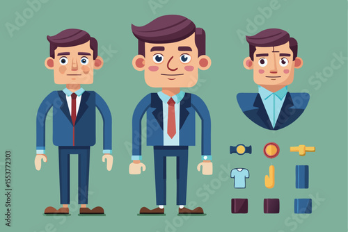 Middle age businessman character design suitable for various projects showcasing professional attire and accessories in a minimalist style