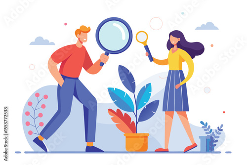 Illustration of a man and woman examining plants with magnifying glasses in a vibrant, colorful environment during a sunny day