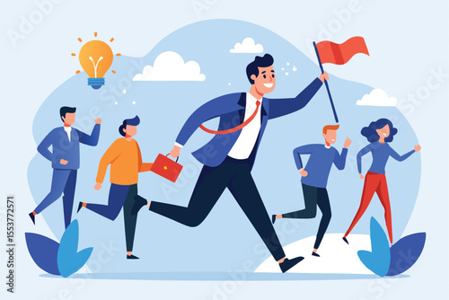 Businessman leads a team with determination while holding a flag in a dynamic and creative environment during daytime