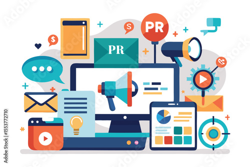 Public relations marketing campaign announcement with digital elements showcasing communication tools and strategies