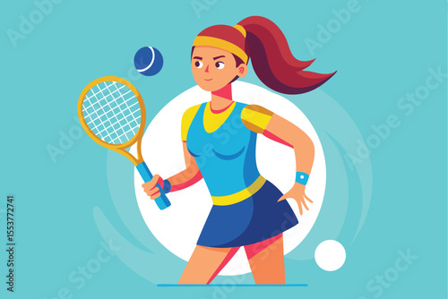 Dynamic female tennis player preparing for a match with determination and focus on a bright, vibrant background showcasing her athletic skills