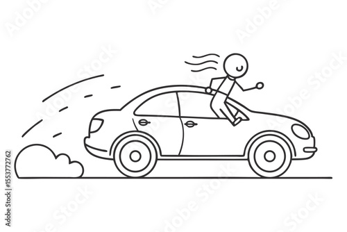 Car in motion with passenger enjoying the ride on a sunny day, illustrating a simple line drawing of speed and excitement