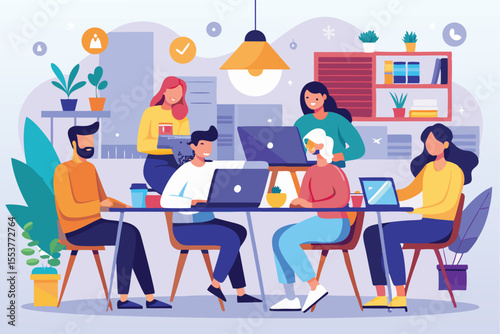 Creative professionals collaborate in a vibrant coworking space with modern design, engaging in various activities during the productive afternoon hours