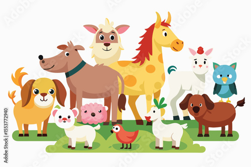 Farm animals in a colorful flat style gathering together on a white background showcasing a variety of familiar barnyard creatures