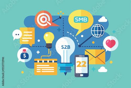 Creative network of ideas highlighted by a light bulb, representing social media concepts and business communication for small and medium enterprises