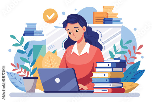 Tired young woman working late on laptop surrounded by a cluttered pile of books in a cozy study space