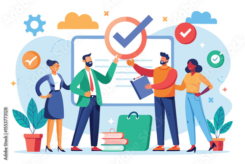 Business professionals reaching an agreement in a collaborative workspace with charts and checkmarks in the background showcasing teamwork and decision making