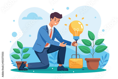 Businessman nurturing ideas and growth by planting a seedling with a light bulb, symbolizing innovation and environmental responsibility in a vibrant outdoor setting
