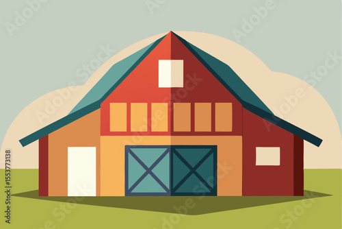 Minimalist barn structure featuring a clean geometric roof with a balanced color scheme set against a soft background sky