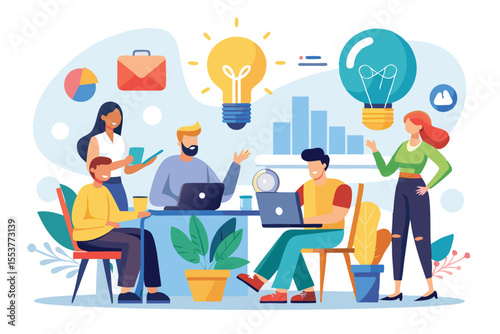 Young cartoon characters collaborating in a bright workspace, showcasing teamwork, creativity, and innovative ideas while discussing projects and sharing inspiration