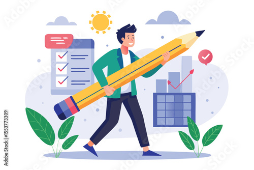 Project manager confidently carries a large pencil while overseeing progress on tasks and charts in a vibrant office environment during the daytime