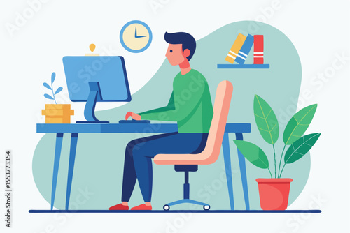 Correct posture and position for effective office work illustrated with a man sitting at a desk with a computer, clock, and plants
