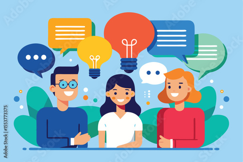 Engaging discussion among three individuals with colorful speech bubbles conveying ideas in a creative illustration setting