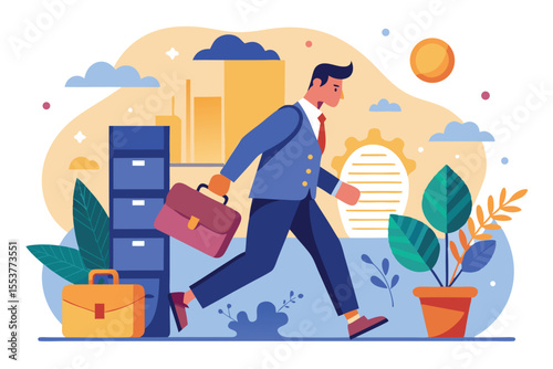 Business professional walking away from work environment with briefcase, leaving behind files and plants in a modern flat design illustration
