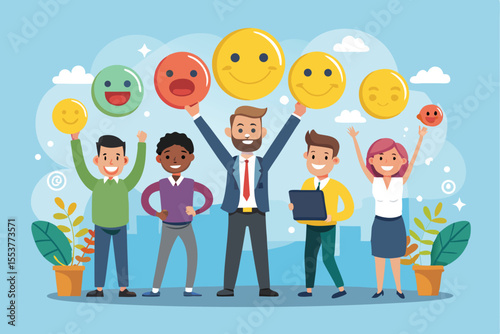 Employee engagement concept illustrated in a cartoon style showcasing a diverse group of individuals celebrating their happiness with smiley faces in a cheerful office environment