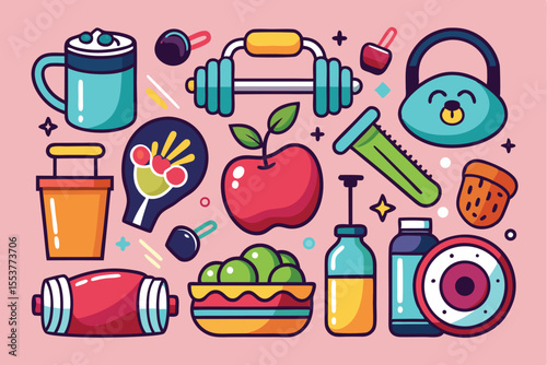 Creative collection of weight training, yoga, and pilates stickers featuring dumbbells, healthy foods, and fitness equipment on a pink background