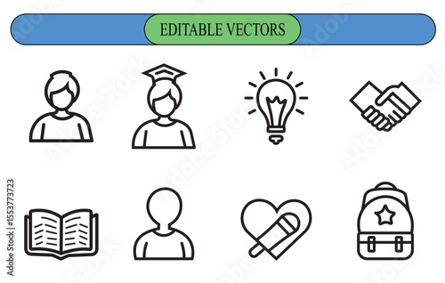 Eight Editable Vector Icons Set Black Line Art Student Graduation Idea Handshake Book Person