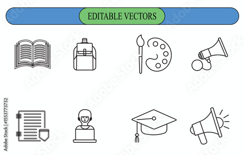 Eight Black Line Icons Education Backpack Paint Palette Megaphone Notebook Graduation Cap