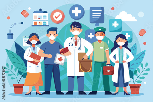 Health care professionals collaborating in a modern clinic setting focusing on patient care and medical services