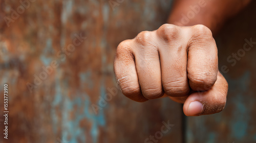 A strong, clenched fist is positioned in front of a weathered wooden surface, conveying a sense of power and resolve. The rough texture of the hand contrasts with the background, emphasizing grit