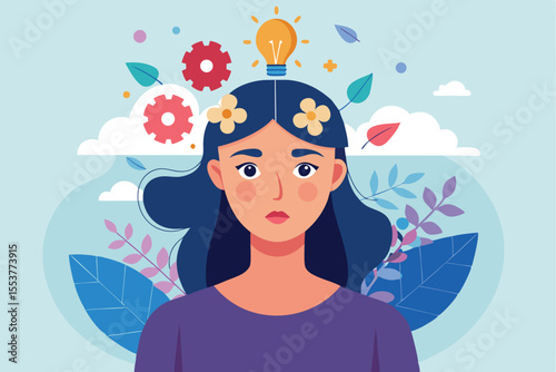 Young woman experiencing a surreal transformation with parts of her head diminishing as a symbol of creativity and mental decline in a vibrant, whimsical landscape