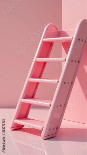 A pink wooden ladder stands against a pink wall in a simple, minimalistic setting. backdrop
