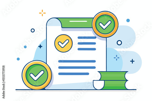 Success notification of approved payment represented by check marks alongside decorative elements on a light background