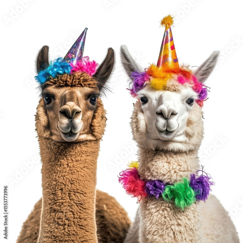 Two alpacas in crazy party outfits, Two alpacas dressed in vibrant, whimsical party outfits, isolated on transparent background