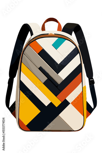 Modern geometric backpack design in bold colors, flat vector style, school or travel accessory concept 