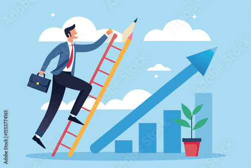 Business development strategy demonstrates successful growth through a visual representation of climbing ladders, graphs, and professional ambition