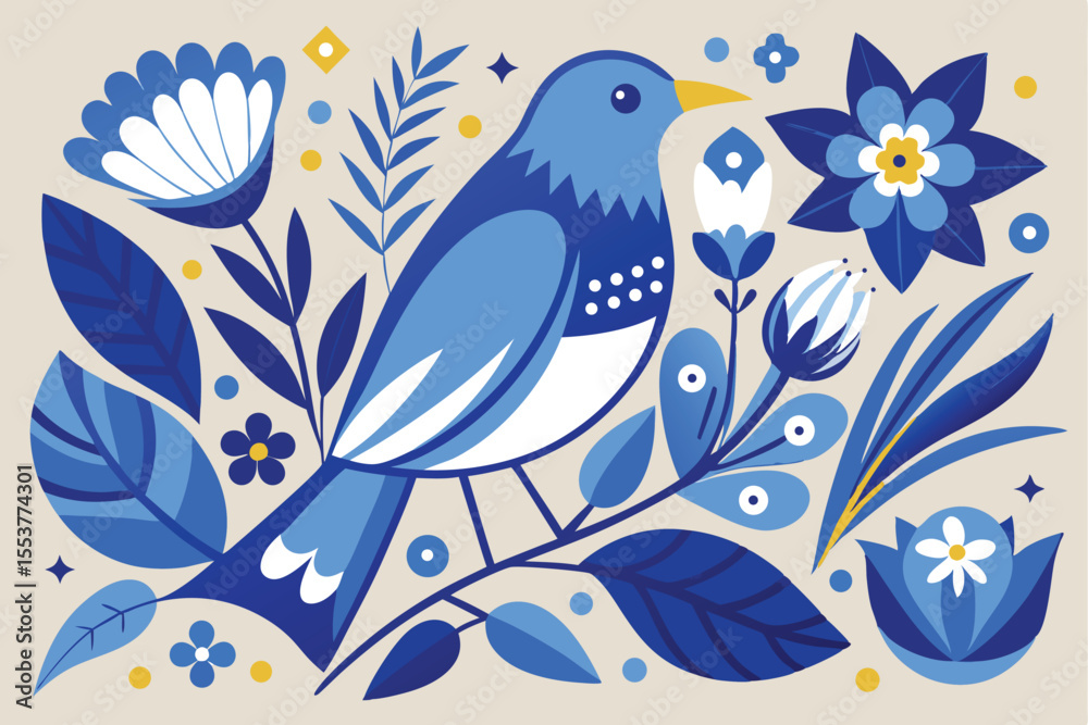 Fototapeta premium Colorful blue and white vector art featuring a bird surrounded by lush floral elements in a playful and vibrant design