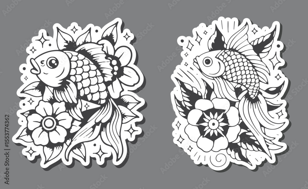 Fototapeta premium Monochrome Fish with Floral Elements in Tattoo Style