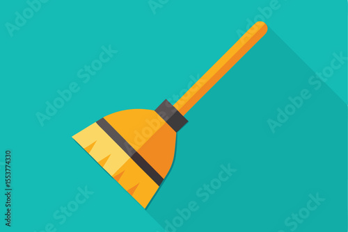 Flat broom icon with geometric bristles against a teal background representing cleaning activity and home maintenance tools
