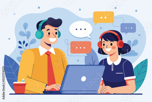 Customer service interaction highlights effective communication between a male representative and a female consul in a friendly workspace environment