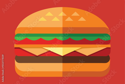 Colorful burger illustration featuring flat geometric layers with distinct toppings, showcasing a simple yet appetizing design ideal for food-related graphics