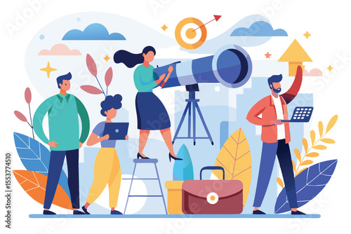 Teamwork and focus lead to successful goals through observation and study in a bright and optimistic environment with a telescope