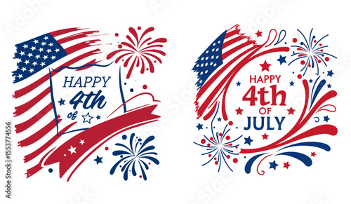 Happy 4th of July typography design with vertical American flag brush stroke on both sides, vector illustration USA Independence day holiday Happy 4th of July 3 Vector, 4th July Vector, America Vector