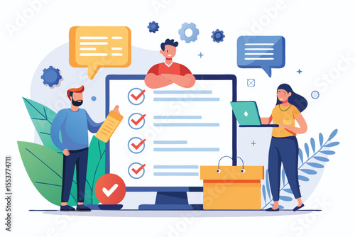 Customer feedback collection process using online survey form with people interacting and digital devices