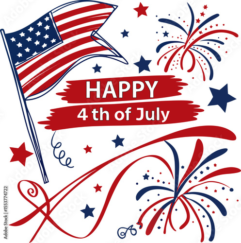 Happy 4th of July typography design with vertical American flag brush stroke on both sides, vector illustration USA Independence day holiday Happy 4th of July 3 Vector, 4th July Vector, America Vector