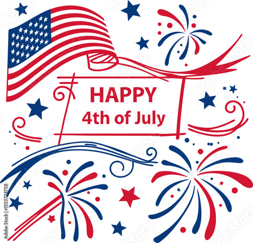 Happy 4th of July typography design with vertical American flag brush stroke on both sides, vector illustration USA Independence day holiday Happy 4th of July 3 Vector, 4th July Vector, America Vector
