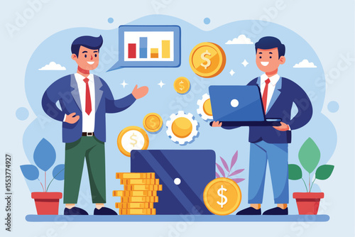 Businessman engages with software engineer in a creative discussion about digital solutions and financial growth at a modern workspace