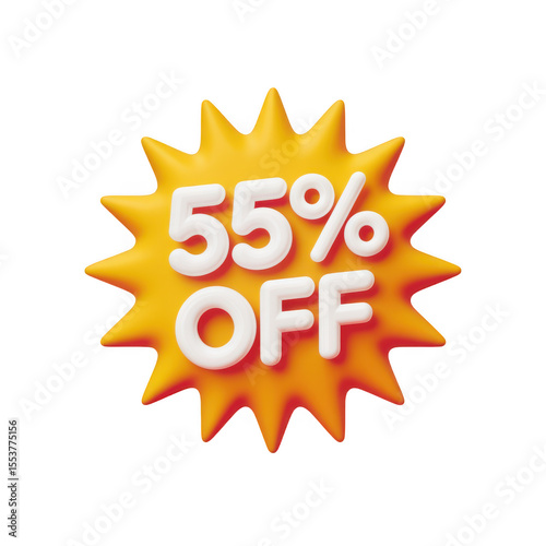 Bright yellow starburst with white 55 percent off text isolated on transparent background